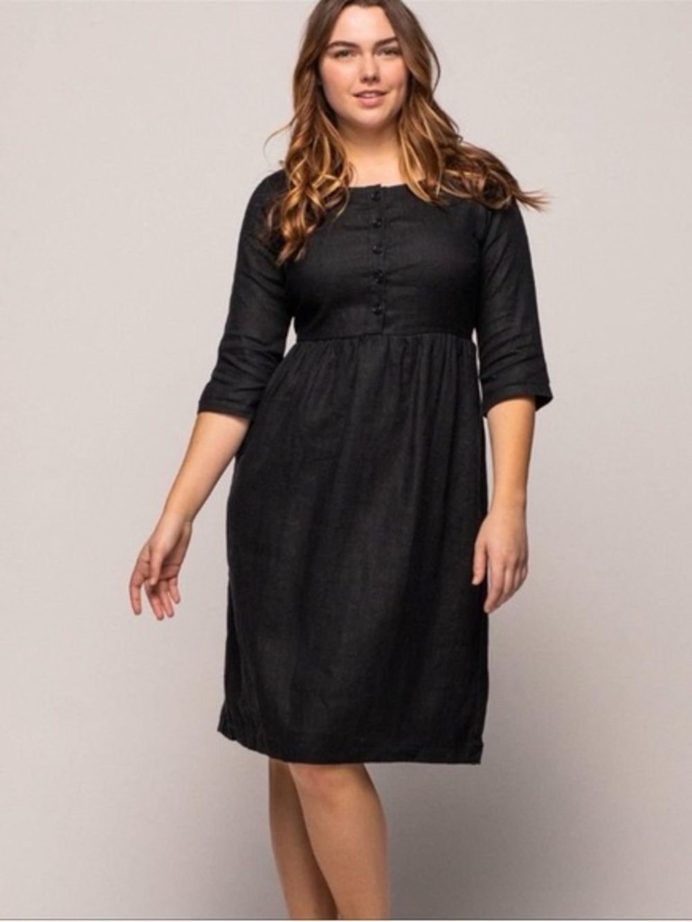 Linen Pyne & Smith Black Midi Dress with Tie-Back Waist